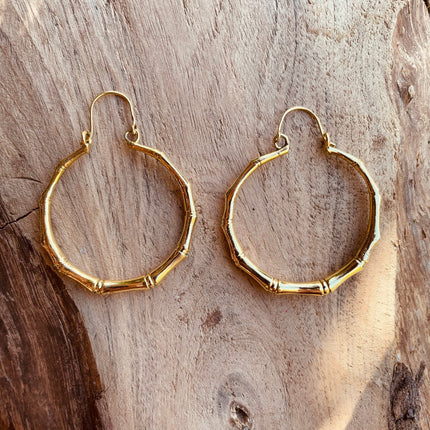 Golden Bamboo Hoop Earrings; Ethnic, Geometric, Small, Rustic, Yoga, Hippie, Gypsy, Pretty, Ssy, Boho, Bohemian, Festival