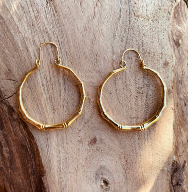 Golden Bamboo Hoop Earrings; Ethnic, Geometric, Small, Rustic, Yoga, Hippie, Gypsy, Pretty, Ssy, Boho, Bohemian, Festival