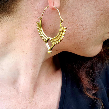 Golden Afghani Hoop Earrings; Ethnic, Geometric, Small, Rustic, Yoga, Hippie, Gypsy, Pretty, Ssy, Boho, Bohemian, Festival