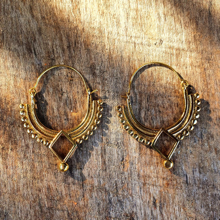 Golden Afghani Hoop Earrings; Ethnic, Geometric, Small, Rustic, Yoga, Hippie, Gypsy, Pretty, Ssy, Boho, Bohemian, Festival