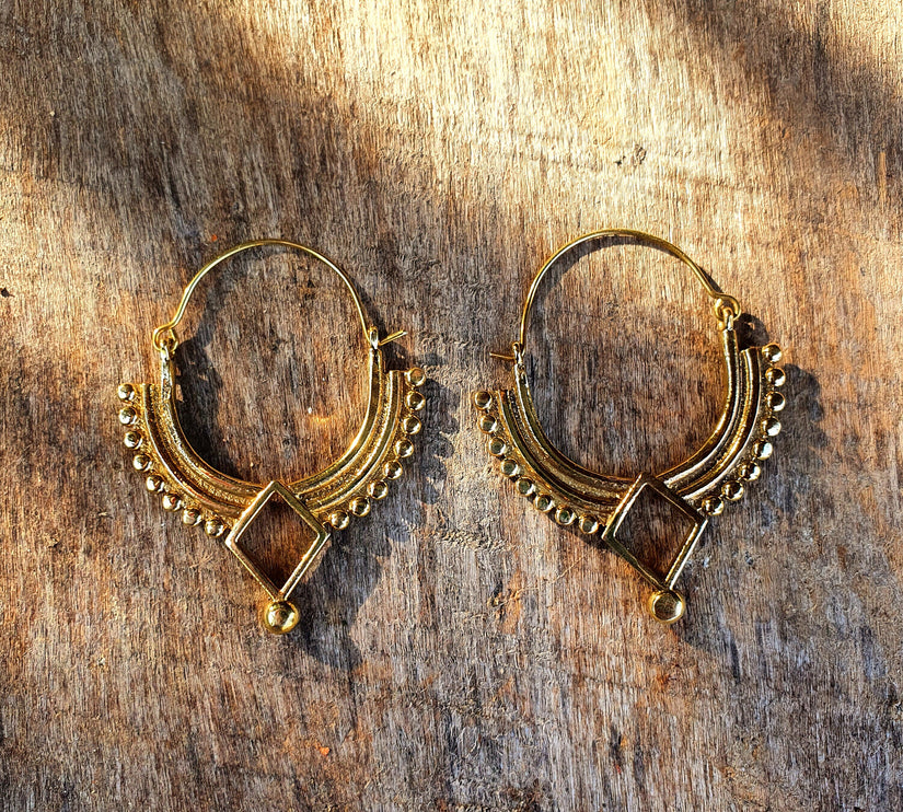 Golden Afghani Hoop Earrings; Ethnic, Geometric, Small, Rustic, Yoga, Hippie, Gypsy, Pretty, Ssy, Boho, Bohemian, Festival