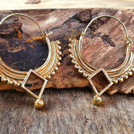 Golden Afghani Hoop Earrings; Ethnic, Geometric, Small, Rustic, Yoga, Hippie, Gypsy, Pretty, Ssy, Boho, Bohemian, Festival