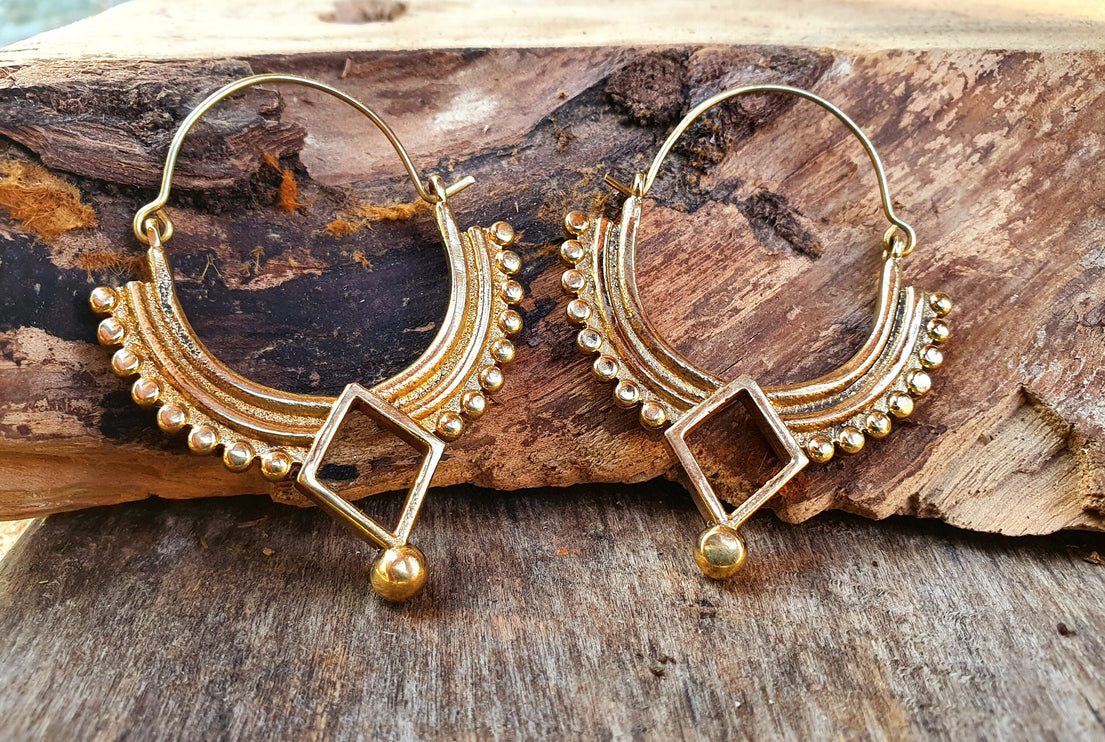 Golden Afghani Hoop Earrings; Ethnic, Geometric, Small, Rustic, Yoga, Hippie, Gypsy, Pretty, Ssy, Boho, Bohemian, Festival