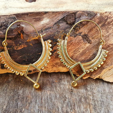 Golden Afghani Hoop Earrings; Ethnic, Geometric, Small, Rustic, Yoga, Hippie, Gypsy, Pretty, Ssy, Boho, Bohemian, Festival