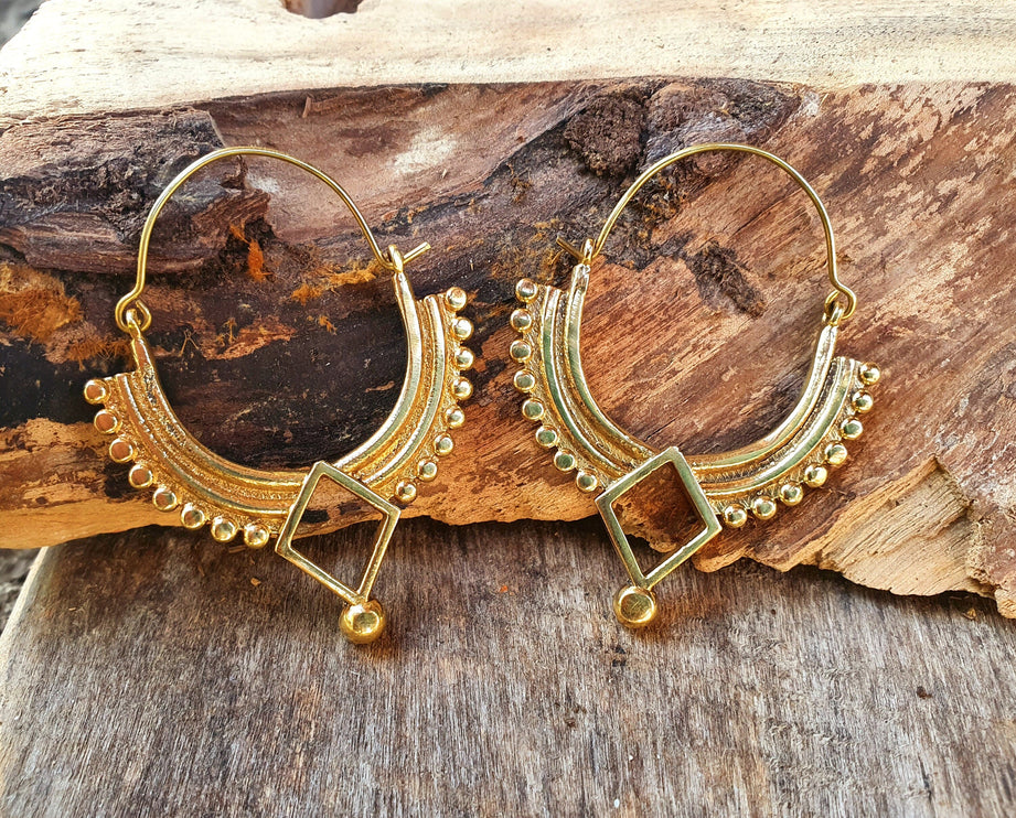 Golden Afghani Hoop Earrings; Ethnic, Geometric, Small, Rustic, Yoga, Hippie, Gypsy, Pretty, Ssy, Boho, Bohemian, Festival