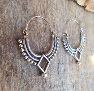 Silver Afghani Hoop Earrings; Ethnic, Geometric, Small, Rustic, Yoga, Hippie, Gypsy, Pretty, Ssy, Boho, Bohemian, Festival
