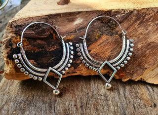 Silver Afghani Hoop Earrings; Ethnic, Geometric, Small, Rustic, Yoga, Hippie, Gypsy, Pretty, Ssy, Boho, Bohemian, Festival