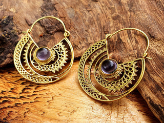 Amethyst & Brass Hoop Earrings Ethnic, rustic, yoga, hippie, gypsy, pretty, psy, boho, bohemian, festival