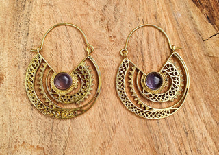Amethyst & Brass Hoop Earrings Ethnic, rustic, yoga, hippie, gypsy, pretty, psy, boho, bohemian, festival