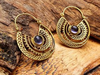 Amethyst & Brass Hoop Earrings Ethnic, rustic, yoga, hippie, gypsy, pretty, psy, boho, bohemian, festival