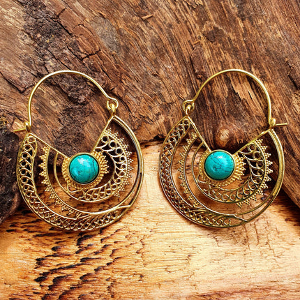 Golden Ethnic Turquoise Earrings Ethnic, rustic, yoga, hippie, gypsy, pretty, psy, boho, bohemian, festival