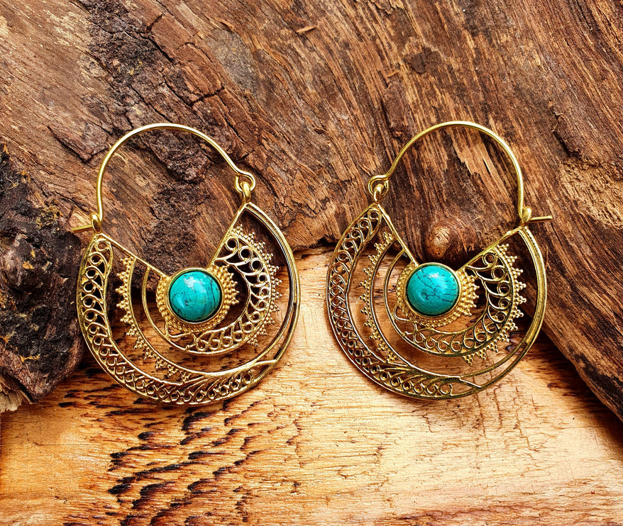 Golden Ethnic Turquoise Earrings Ethnic, rustic, yoga, hippie, gypsy, pretty, psy, boho, bohemian, festival