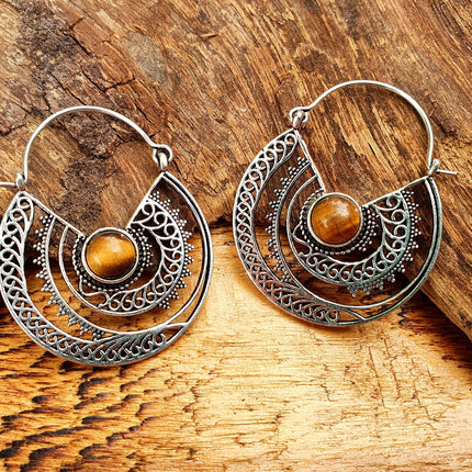 Tiger Eye & Silver Hoop Earrings Ethnic, rustic, yoga, hippie, gypsy, pretty, psy, boho, bohemian, festival