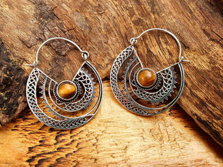 Tiger Eye & Silver Hoop Earrings Ethnic, rustic, yoga, hippie, gypsy, pretty, psy, boho, bohemian, festival