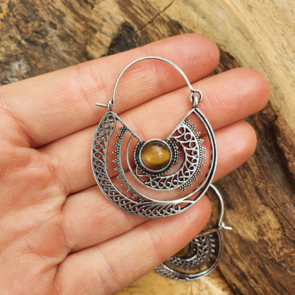 Tiger Eye & Silver Hoop Earrings Ethnic, rustic, yoga, hippie, gypsy, pretty, psy, boho, bohemian, festival