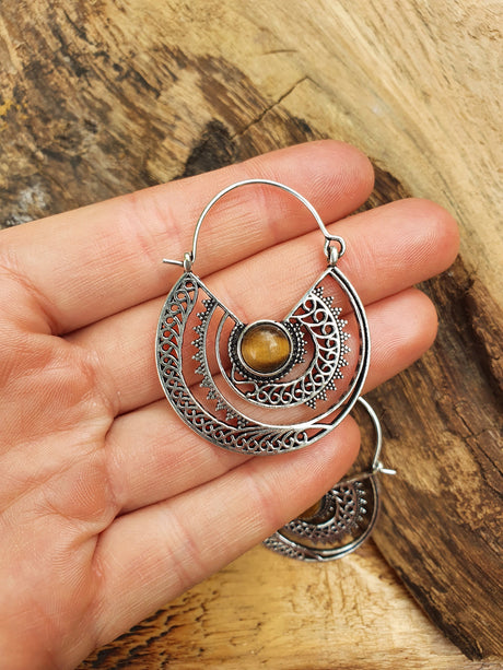 Tiger Eye & Silver Hoop Earrings Ethnic, rustic, yoga, hippie, gypsy, pretty, psy, boho, bohemian, festival