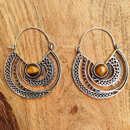 Tiger Eye & Silver Hoop Earrings Ethnic, rustic, yoga, hippie, gypsy, pretty, psy, boho, bohemian, festival