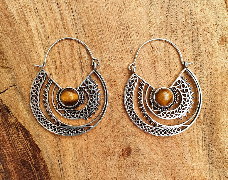 Tiger Eye & Silver Hoop Earrings Ethnic, rustic, yoga, hippie, gypsy, pretty, psy, boho, bohemian, festival
