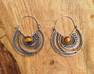 Tiger Eye & Silver Hoop Earrings Ethnic, rustic, yoga, hippie, gypsy, pretty, psy, boho, bohemian, festival