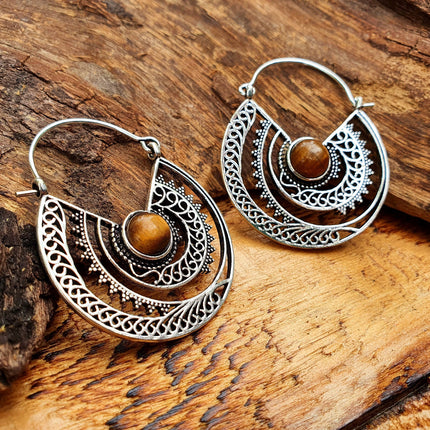 Tiger Eye & Silver Hoop Earrings Ethnic, rustic, yoga, hippie, gypsy, pretty, psy, boho, bohemian, festival
