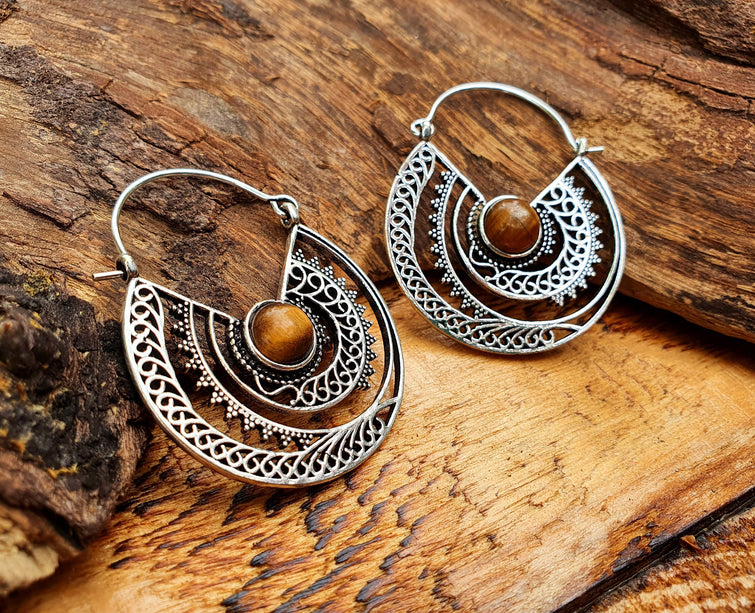 Tiger Eye & Silver Hoop Earrings Ethnic, rustic, yoga, hippie, gypsy, pretty, psy, boho, bohemian, festival