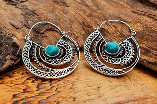 Turquoise Silver Hoop Earrings Ethnic, rustic, yoga, hippie, gypsy, pretty, psy, boho, bohemian, festival