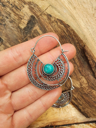 Turquoise Silver Hoop Earrings Ethnic, rustic, yoga, hippie, gypsy, pretty, psy, boho, bohemian, festival