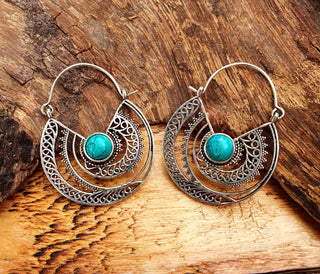 Turquoise Silver Hoop Earrings Ethnic, rustic, yoga, hippie, gypsy, pretty, psy, boho, bohemian, festival