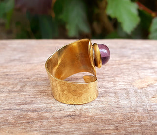 Adjustable Brass & Amethyst Hammered Ring, Wrap Around Ring,