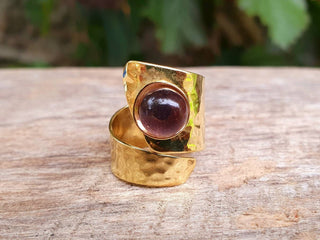 Adjustable Brass & Amethyst Hammered Ring, Wrap Around Ring,
