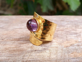 Adjustable Brass & Amethyst Hammered Ring, Wrap Around Ring,