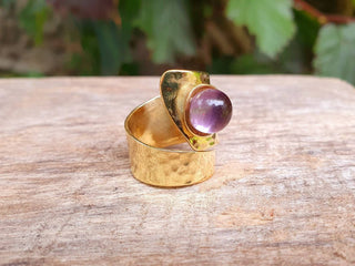 Adjustable Brass & Amethyst Hammered Ring, Wrap Around Ring,