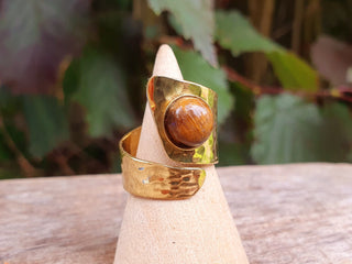 Hammered Brass Spiral Tiger Eye ring, Adjustable Boho Ring