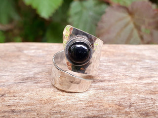 Wrap Around Silver Black Onyx Ring / Adjustable / Boho / Bohemian / Psy / Rustic / Tribal / Gypsy / Festival / Healing