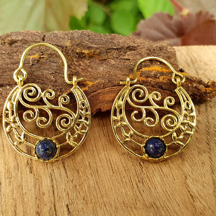 Small Boho Earrings Lapis Lazuli Brass Earrings / Triangle / Mandala / Ethnic / Rustic / Yoga / Hippie / Gypsy / Psy / Bohemian / Festival