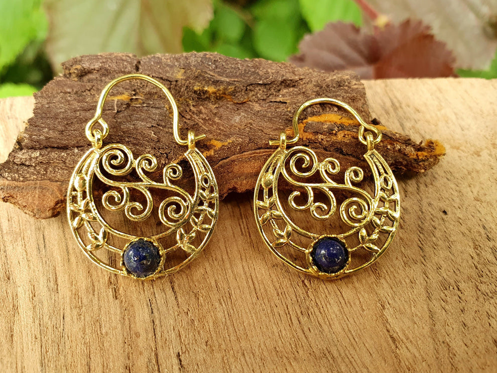 Small Boho Earrings Lapis Lazuli Brass Earrings / Triangle / Mandala / Ethnic / Rustic / Yoga / Hippie / Gypsy / Psy / Bohemian / Festival