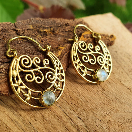 Boho Hoops Moonstone Earrings / Brass / Mandala / Ethnic / Rustic / Yoga / Hippie / Gypsy / Psy / Bohemian / Festival