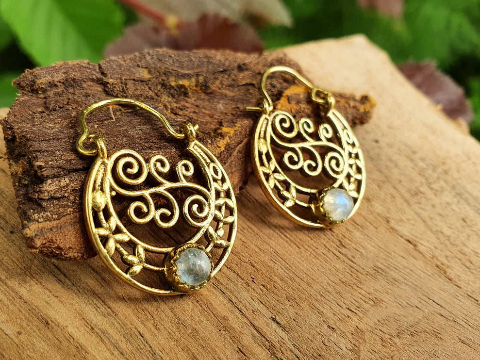 Boho Hoops Moonstone Earrings / Brass / Mandala / Ethnic / Rustic / Yoga / Hippie / Gypsy / Psy / Bohemian / Festival