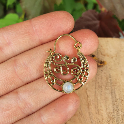 Boho Hoops Moonstone Earrings / Brass / Mandala / Ethnic / Rustic / Yoga / Hippie / Gypsy / Psy / Bohemian / Festival