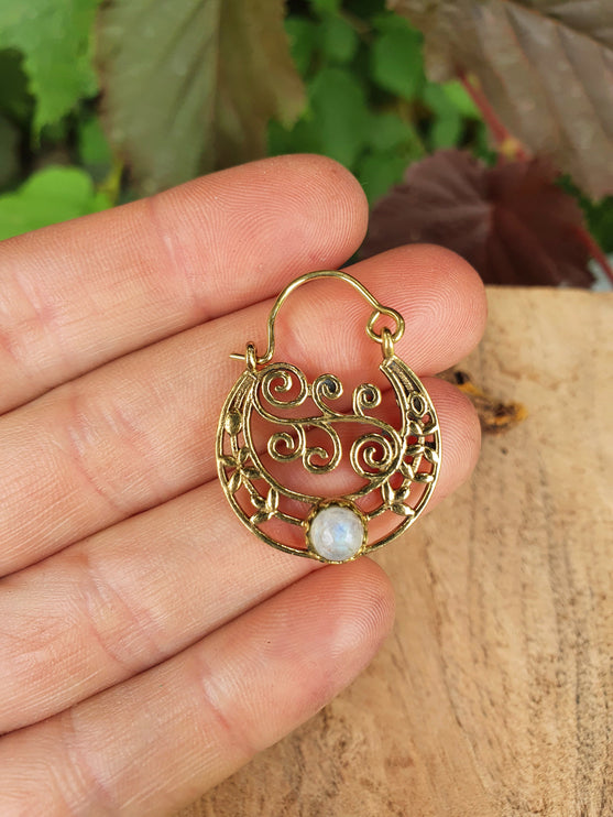 Boho Hoops Moonstone Earrings / Brass / Mandala / Ethnic / Rustic / Yoga / Hippie / Gypsy / Psy / Bohemian / Festival