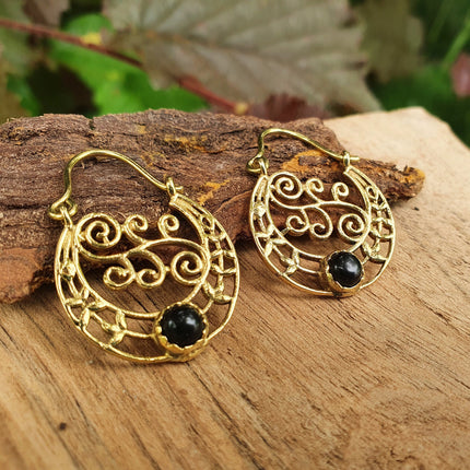 Small Boho Gold Earrings Black Onyx / Ethnic Hoops / Mandala / Rustic / Yoga / Hippie / Gypsy / Psy / Bohemian / Festival