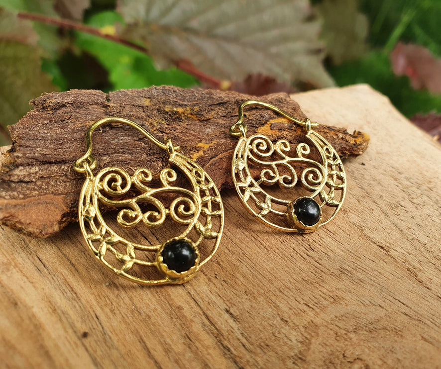 Small Boho Gold Earrings Black Onyx / Ethnic Hoops / Mandala / Rustic / Yoga / Hippie / Gypsy / Psy / Bohemian / Festival