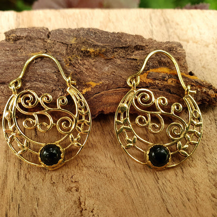 Small Boho Gold Earrings Black Onyx / Ethnic Hoops / Mandala / Rustic / Yoga / Hippie / Gypsy / Psy / Bohemian / Festival