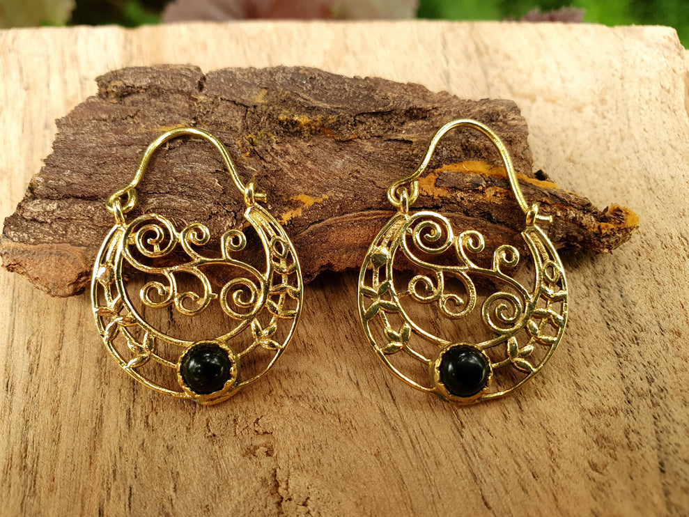 Small Boho Gold Earrings Black Onyx / Ethnic Hoops / Mandala / Rustic / Yoga / Hippie / Gypsy / Psy / Bohemian / Festival