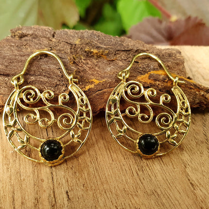 Small Boho Gold Earrings Black Onyx / Ethnic Hoops / Mandala / Rustic / Yoga / Hippie / Gypsy / Psy / Bohemian / Festival