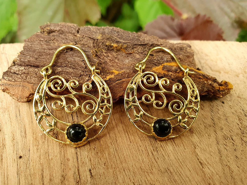 Small Boho Gold Earrings Black Onyx / Ethnic Hoops / Mandala / Rustic / Yoga / Hippie / Gypsy / Psy / Bohemian / Festival