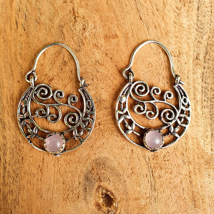 Rose Quartz Boho Hoops Silver Earrings / Mandala / Ethnic / Rustic / Yoga / Hippie / Gypsy / Psy / Festival