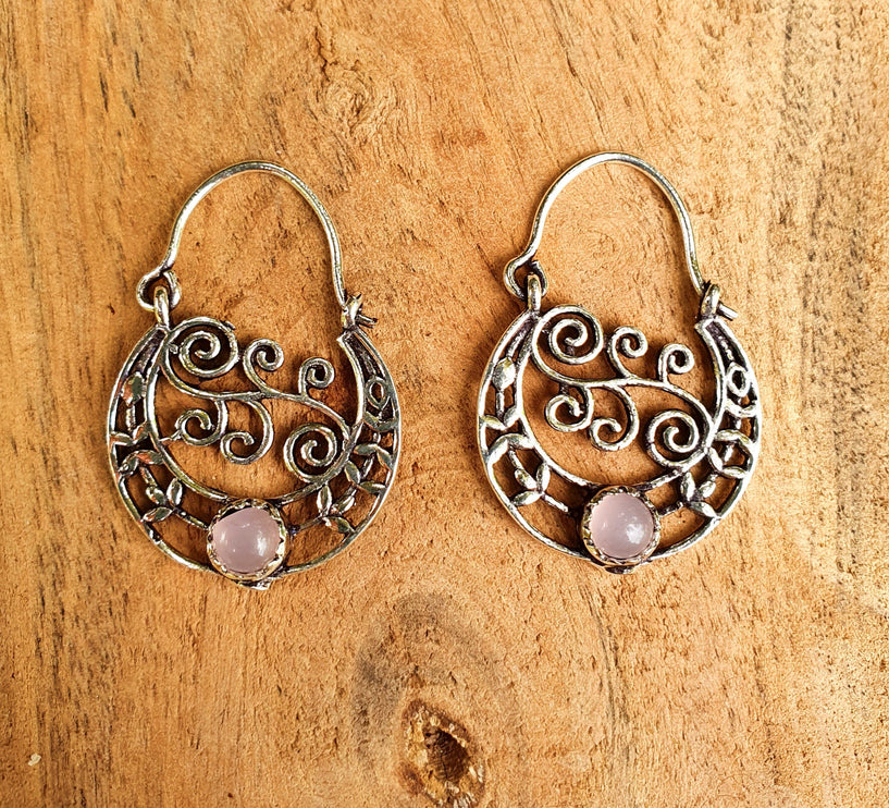 Rose Quartz Boho Hoops Silver Earrings / Mandala / Ethnic / Rustic / Yoga / Hippie / Gypsy / Psy / Festival