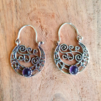 Amethyst Boho Silver Earrings / Mandala / Ethnic / Rustic / Yoga / Hippie / Gypsy / Psy / Bohemian / Festival