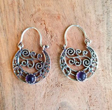 Amethyst Boho Silver Earrings / Mandala / Ethnic / Rustic / Yoga / Hippie / Gypsy / Psy / Bohemian / Festival